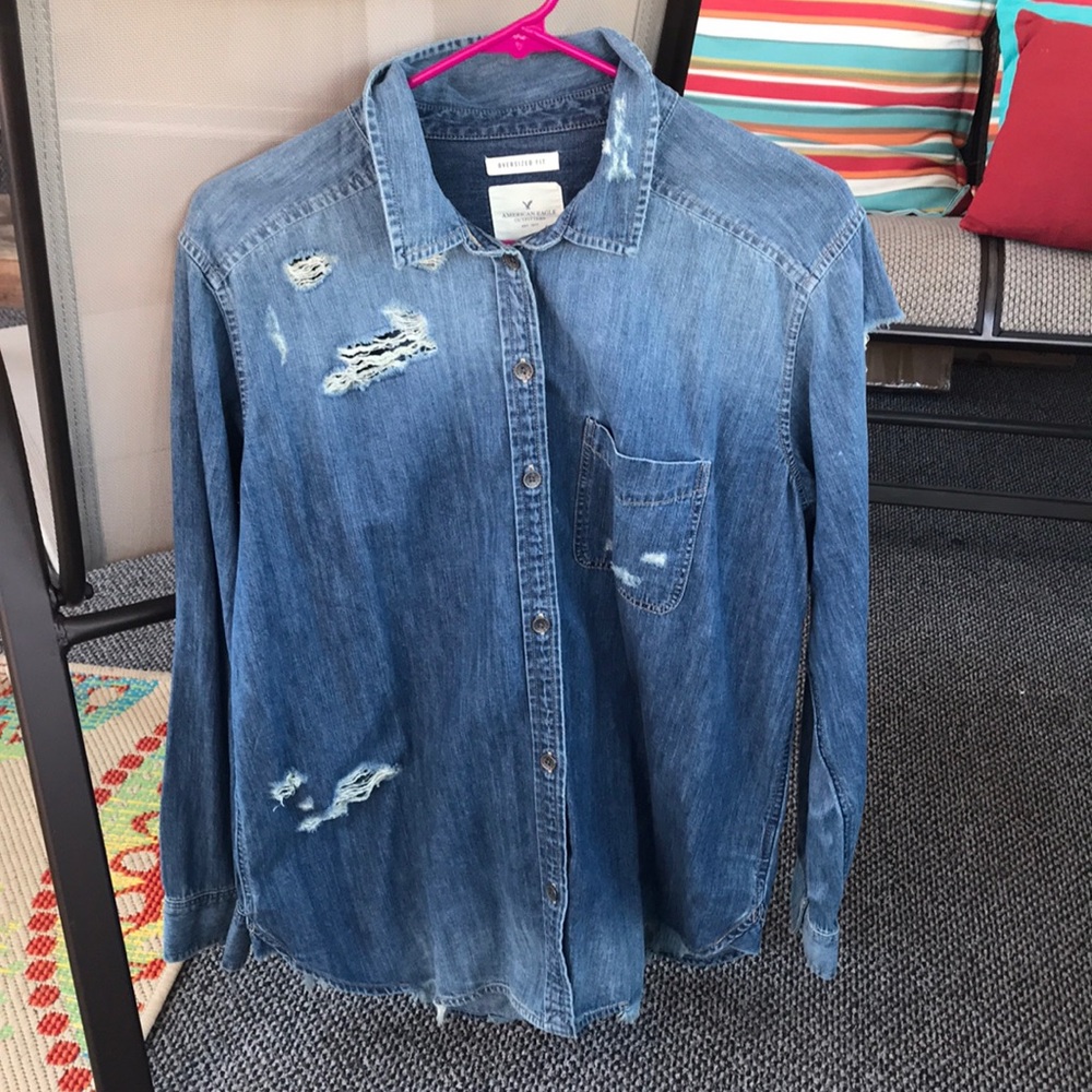 Over sized distressed jean button up